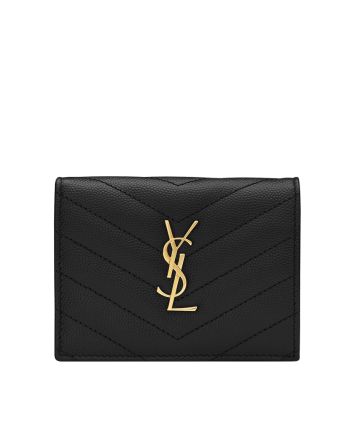 Saint Laurent Monogram Compact Tri Fold In Grain De Poudre Embossed Leather Black